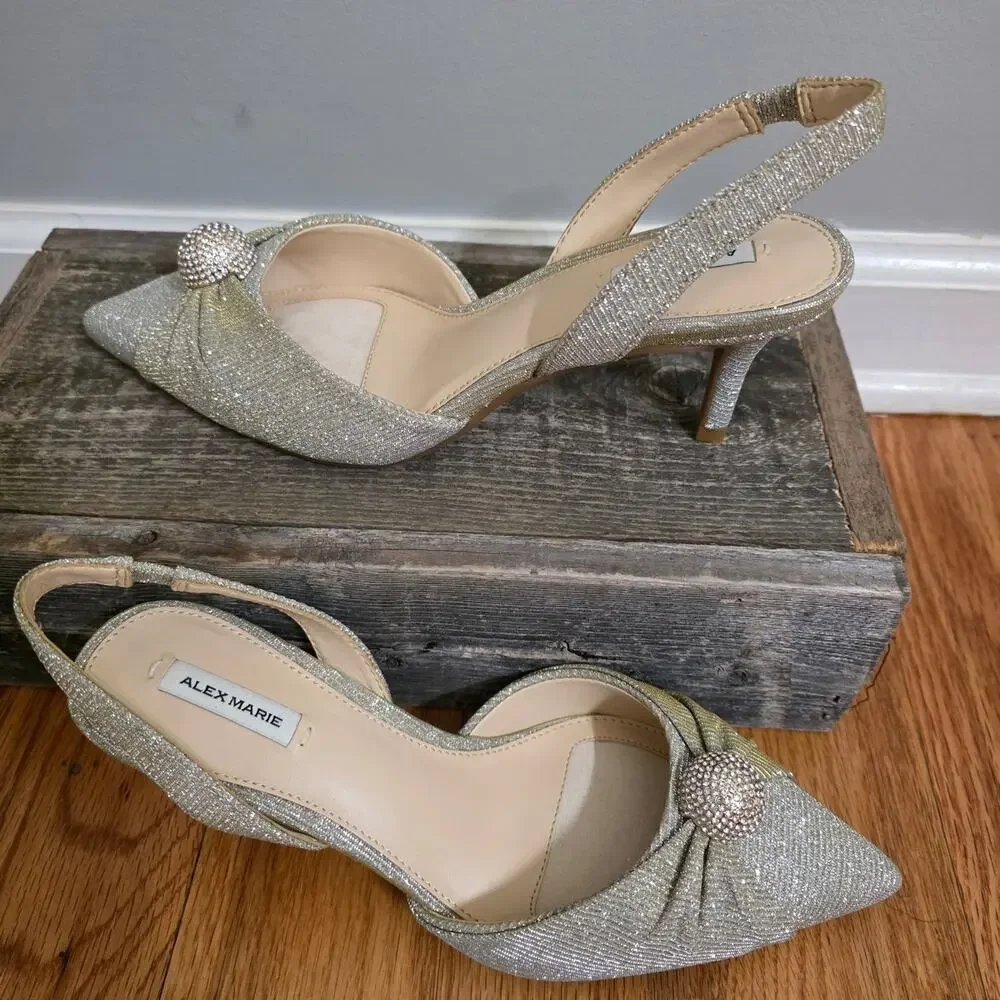 Alex Marie Gold Silver Metallic Rhinestone Slingback Heels Women's Size 7M